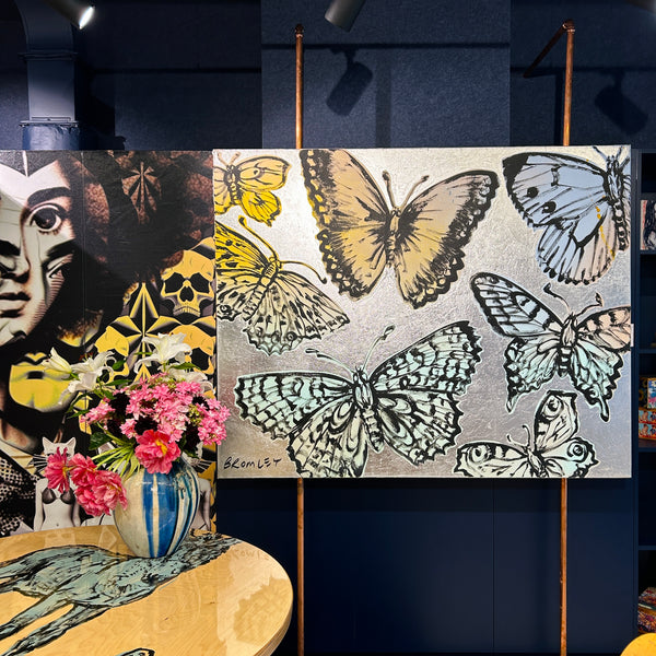 'Winter Butterflies' David Bromley. Acrylic on canvas with silver metal leaf gilding. 120 x 150 cm