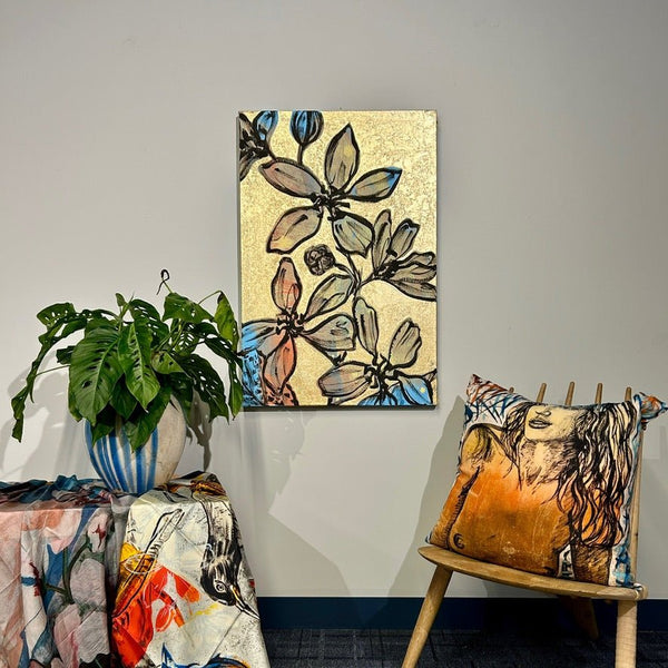 'Blooms on Gold III' David Bromley. Acrylic on canvas with gold leaf gilding. 90 x 60cm