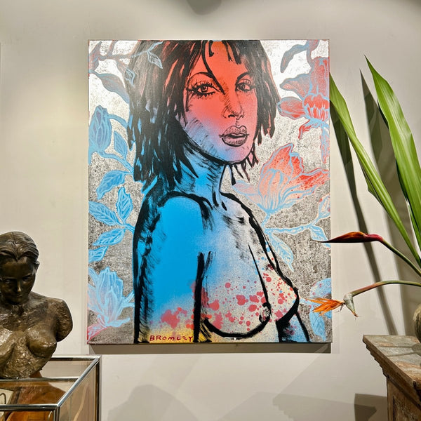 'Caroline' David Bromley. Acrylic on canvas with Silver metal leaf gilding. 150 x 120cm