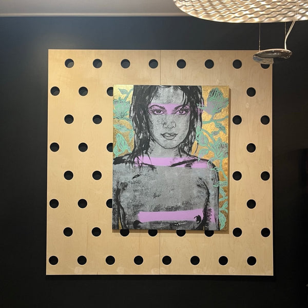 'Belinda' David Bromley, Acrylic on Canvas with gold leaf gilding, 150cm x 120cm