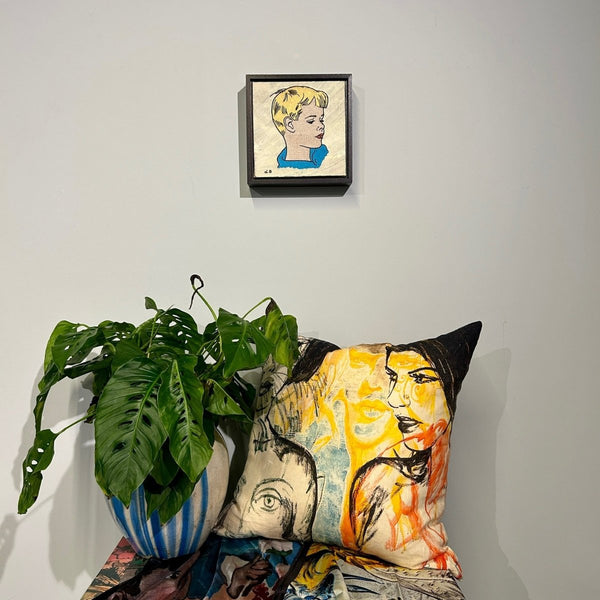 'Dreaming I' David Bromley. Embroidery on hand painted canvas in timber frame. 26 x 26cm