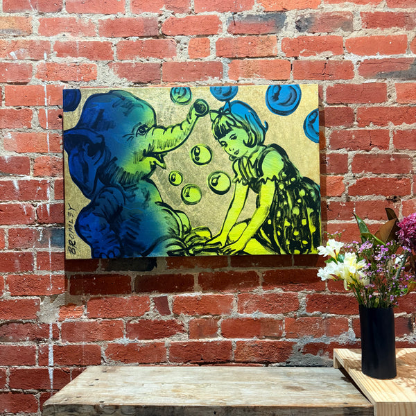 'Bath time' David Bromley, Acrylic on Canvas with Gold leaf Gilding, 90cm x 60cm