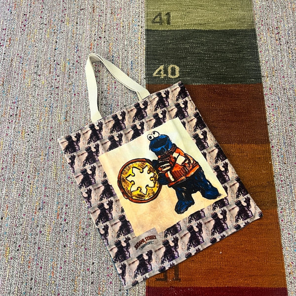 'DRUMMER COOKIE MONSTER' VELVET TOTE BY DAVID BROMLEY
