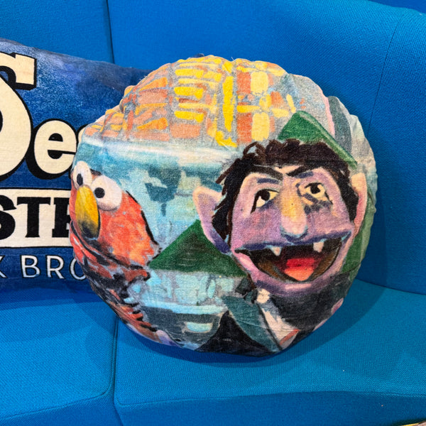 'ELMO & THE COUNT' VELVET ROUND CUSHION BY DAVID BROMLEY. 50CM