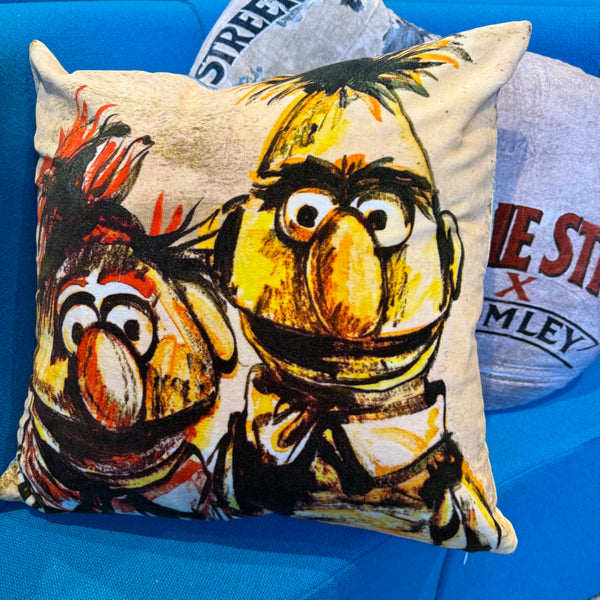 'ERNIE & BERT' SQ VELVET CUSHION BY DAVID BROMLEY. 50 X 50CM