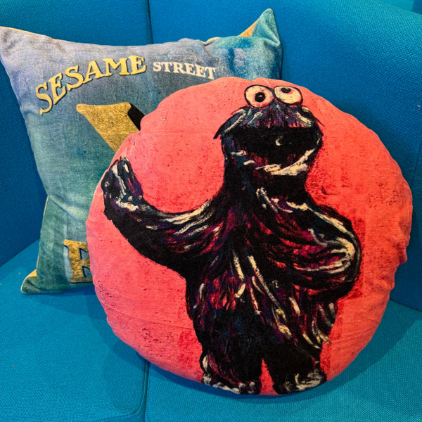 'COOKIE MONSTER' VELVET ROUND CUSHION BY DAVID BROMLEY. 50CM