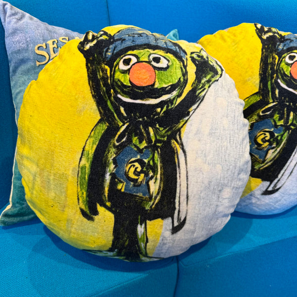 'SUPER GROVER' VELVET ROUND CUSHION BY DAVID BROMLEY. 50CM