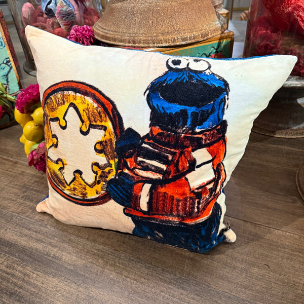 'COOKIE MONSTER' SQ VELVET CUSHION BY DAVID BROMLEY. 50 X 50CM