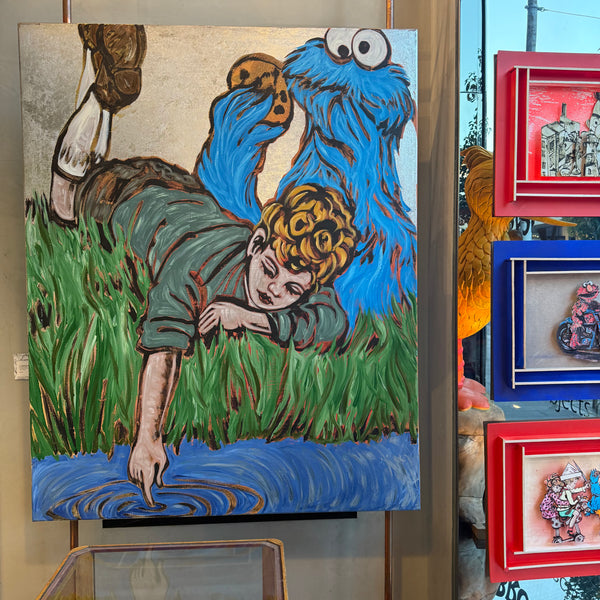 72. 'Day dreaming of Cookies' Sesame Street x Bromley, Acrylic on canvas with silver metal leaf gilding. 150 x 120cm