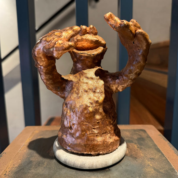 'Cookie Monster’ Datsun Tran.  Paper magiclay, wire, resin and copper on a marble stand 18 x 14 x 13cm