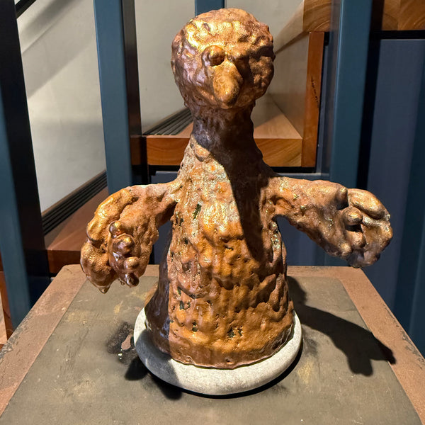 'Big Bird’ Datsun Tran. Paper magiclay, wire, resin a nd copper on a marble stand 20 x 16 x 15 cm