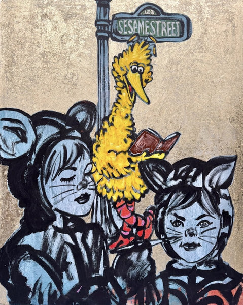 69. 'Big Bird and the Cats' Sesame Street x Bromley, Acrylic on canvas with gold leaf gilding, 150 x 120cm
