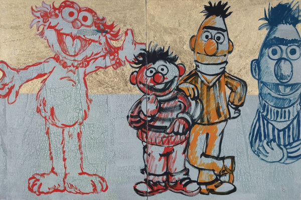 28. 'All Our Friends Are Here I' Sesame Street Bromley, Acrylic on canvas with gold leaf gilding, 122 x 182cm