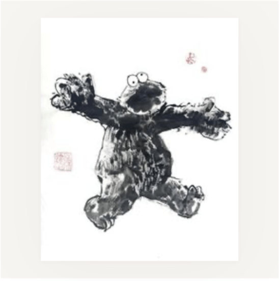 'Cookie Monster II' Datsun Tran. Pine ash ink on mulberry paper. 56 x 40cm