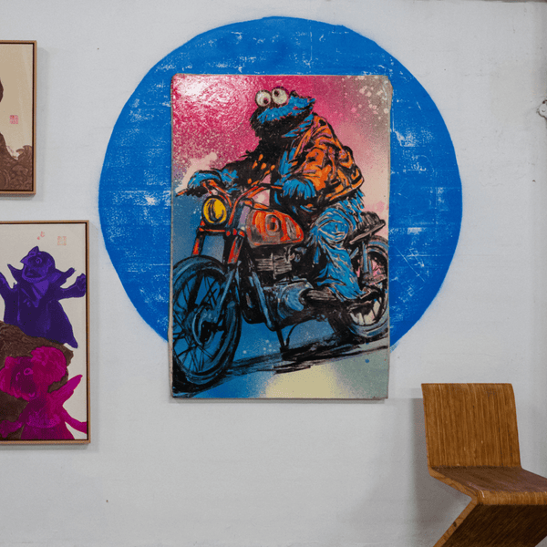 90. 'Cookie Monster Sunday Ride' Acrylic on canvas with a varnish wash. 160 x 121cm