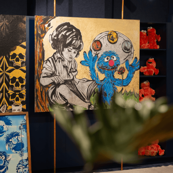 7. 'Wen Reading, Grover Juggling' Sesame Street x Bromley, Acrylic on canvas with gold leaf gilding, 120 x 150cm