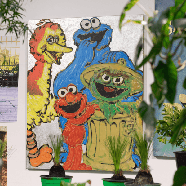 18. 'Best Friends I' Sesame Street x Bromley, Acrylic on canvas with silver leaf gilding, 150 x 120cm
