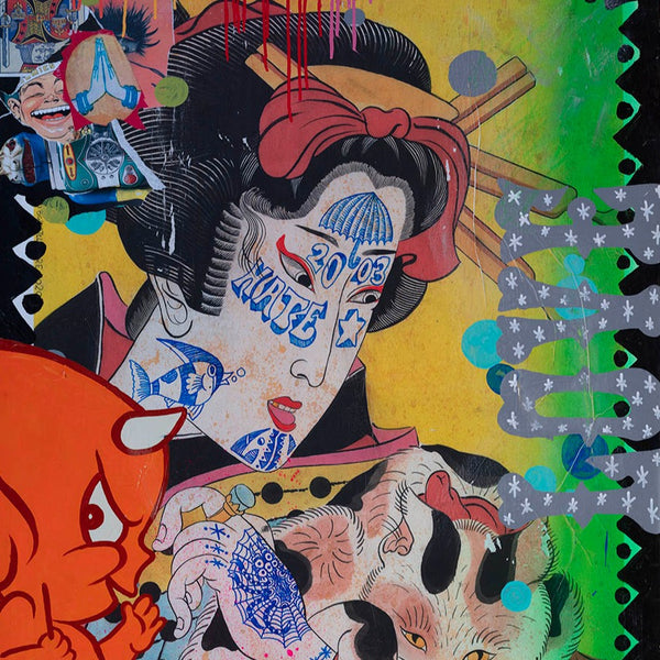 ‘Love/Hate’ Gorè. Mixed media and acrylic on timber. 120 x 90cm (125 x 95cm frame size).