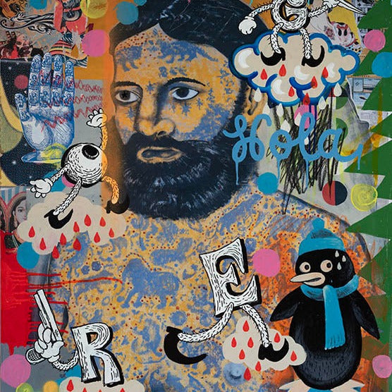 ‘Hola’ Gorè. Mixed media and acrylic on timber.  120 x 90cm (135 x 105cm frame size).