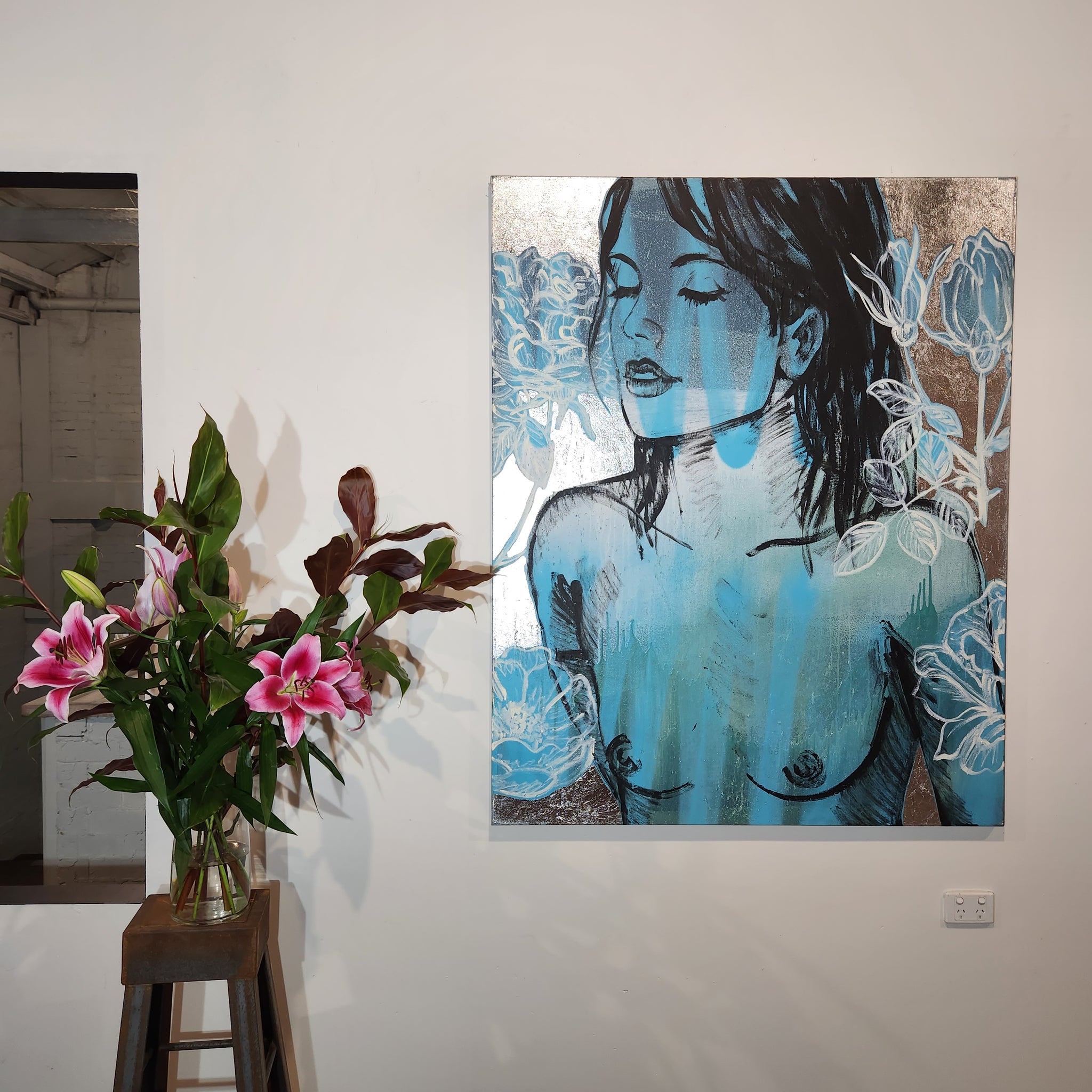 'Belinda II' David Bromley. Acrylic on canvas with silver leaf gilding. 150cm x 120cm.