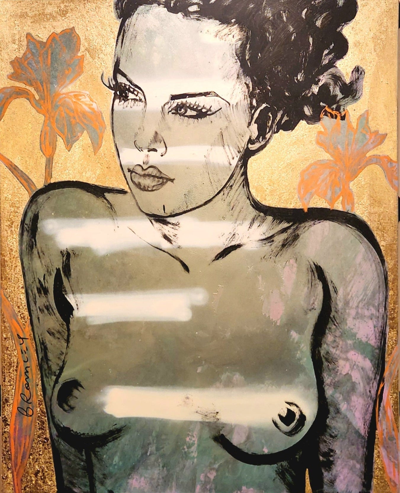 'Winter' David Bromley. Acrylic on canvas with gold leaf gilding. 150cm x 120cm