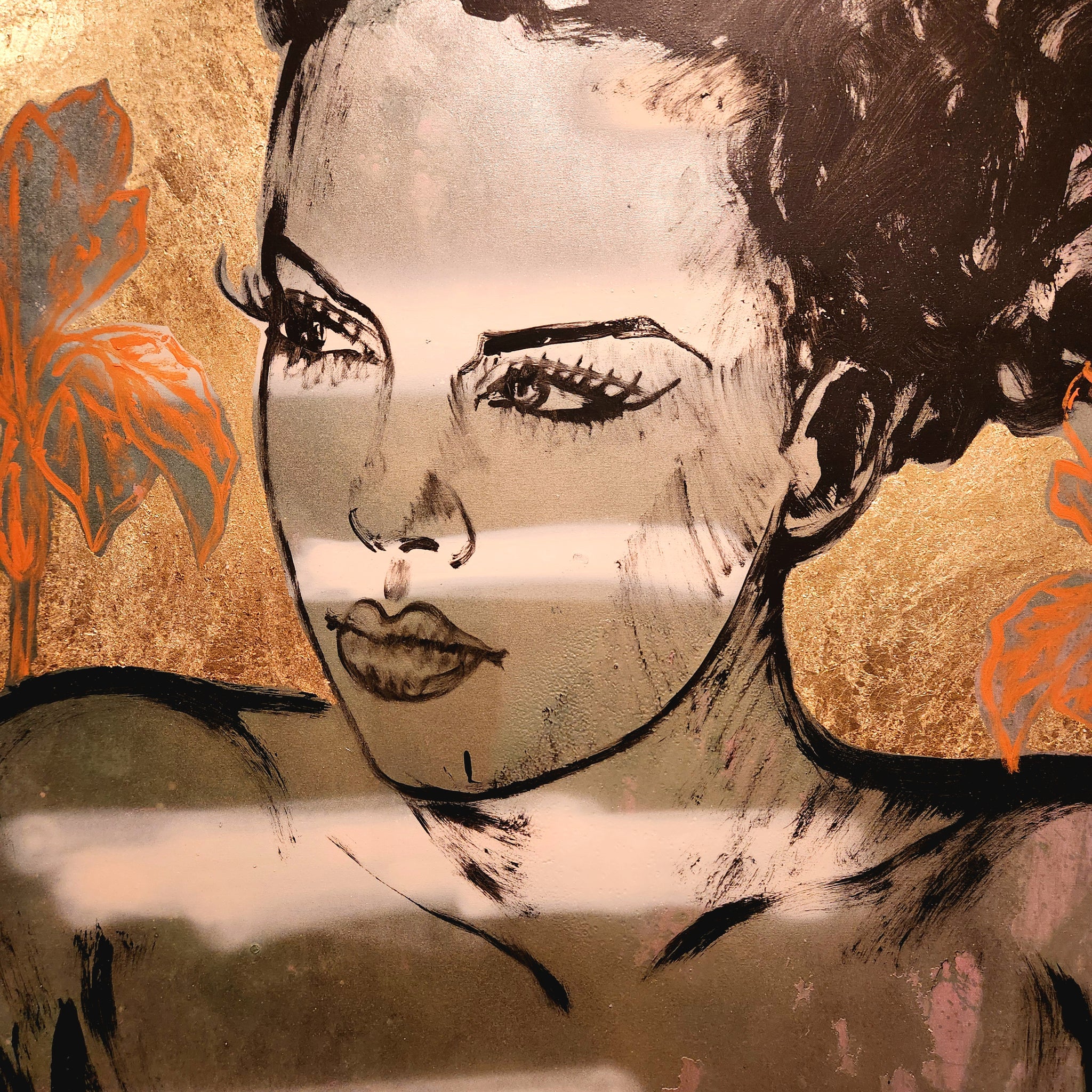 'Winter' David Bromley. Acrylic on canvas with gold leaf gilding. 150cm x 120cm