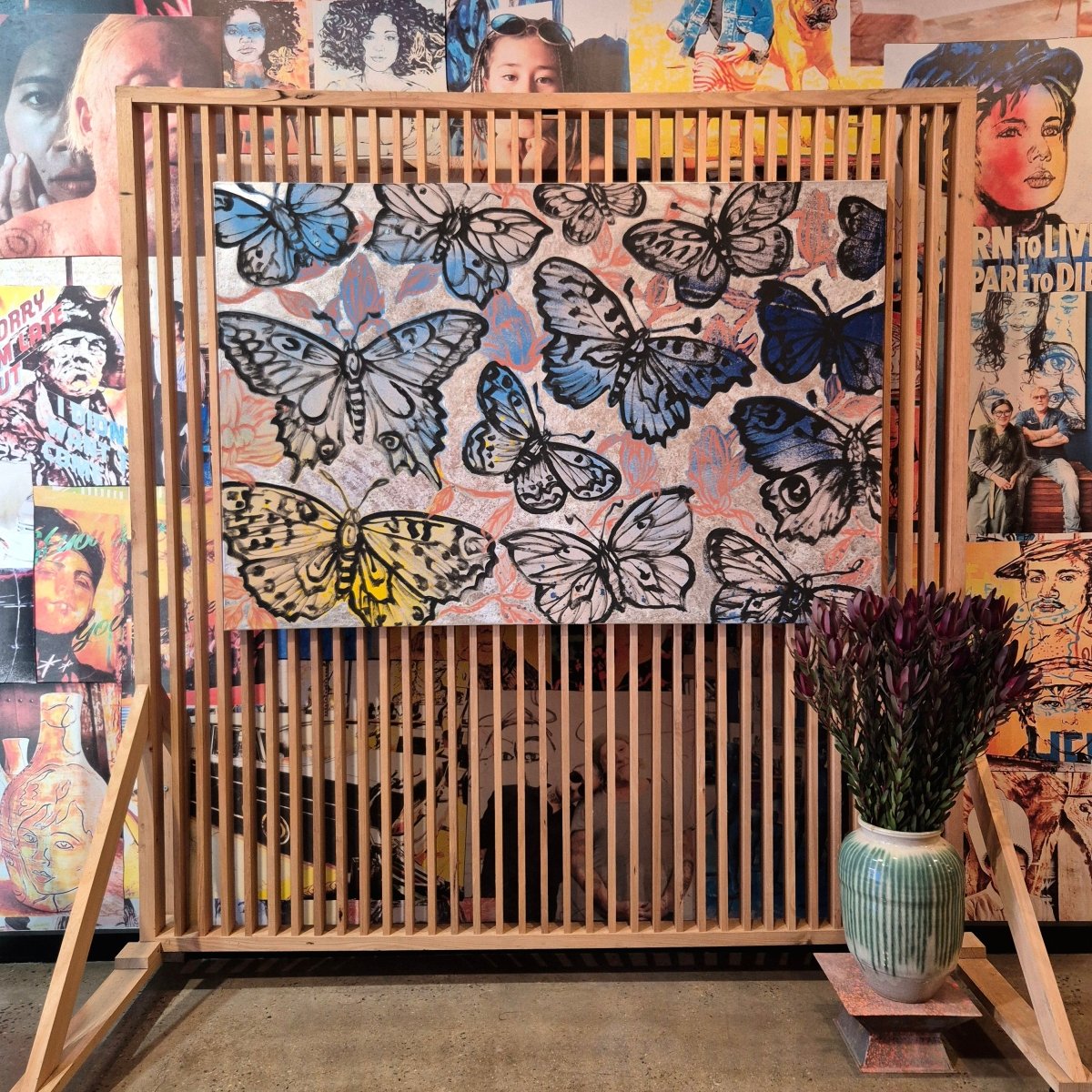 'Bloom Butterflies' David Bromley, Acrylic on Canvas with Silver Leaf gilding, 180cm x 120cm