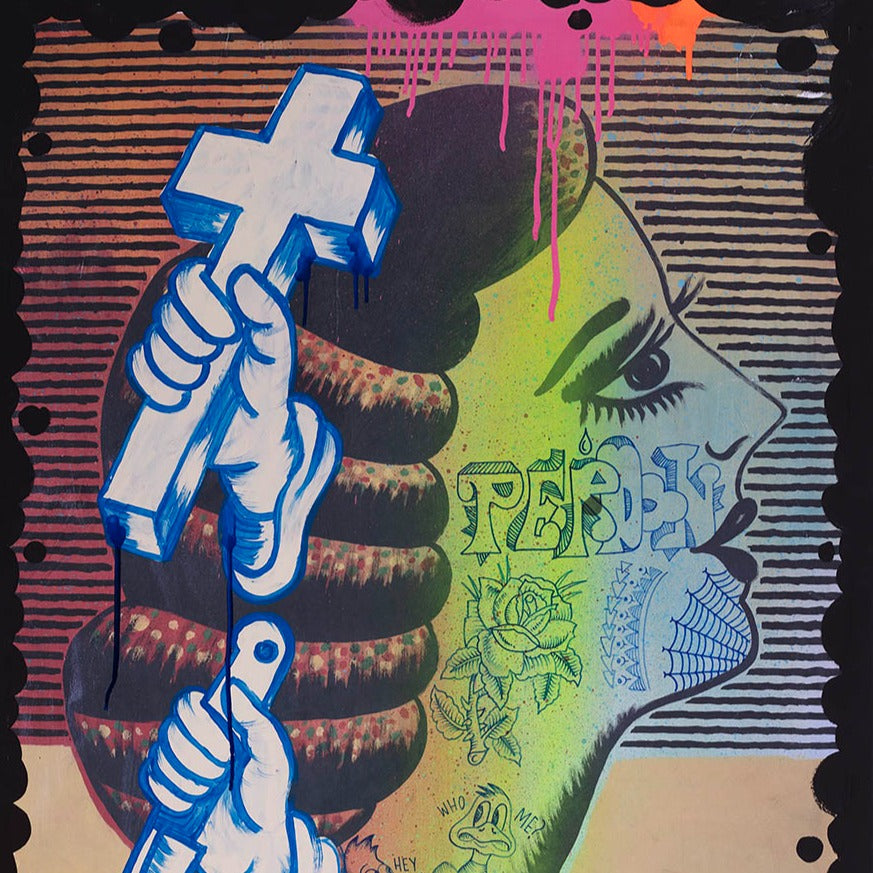 ‘Perdon’ Gorè. Mixed media and acrylic on timber. 120 x 90cm (125 x 95cm frame size).