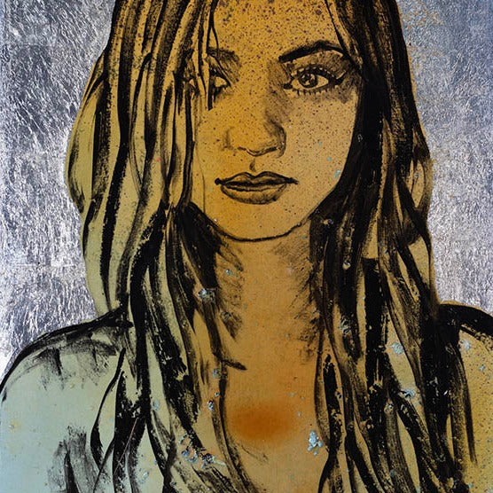 'Rosie' David Bromley. Acrylic, oil and silver metal leaf on canvas with a varnish wash. 90 x 60cm