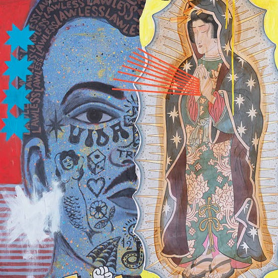 ‘Teen Angels’ Gorè. Mixed media and acrylic on timber. 120 x 90cm (135 x 105cm frame size).