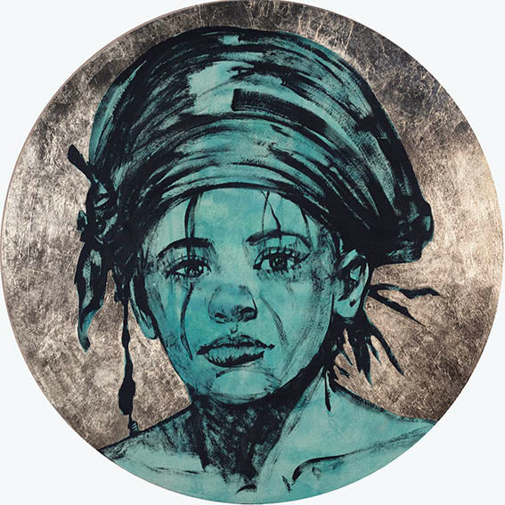 'Lost Boy II' David Bromley. Acrylic, oil and gold metal leaf on board. 120 cm diameter