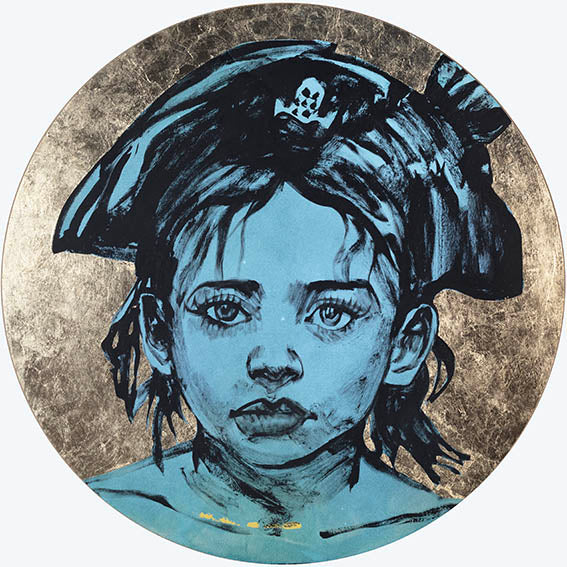 'Lost Boy III' David Bromley. Acrylic, oil and gold metal leaf on timber board.  120cm diameter
