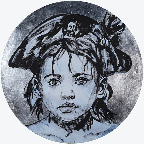 'Lost Boy IV' David Bromley. Acrylic, oil and silver metal leaf on timber board.  120cm diameter