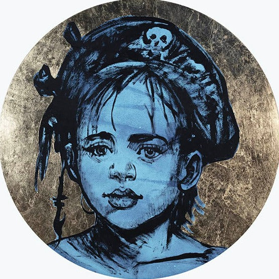 'Lost Boy V' David Bromley. Acrylic, oil and gold metal leaf on timber board. 120cm diameter