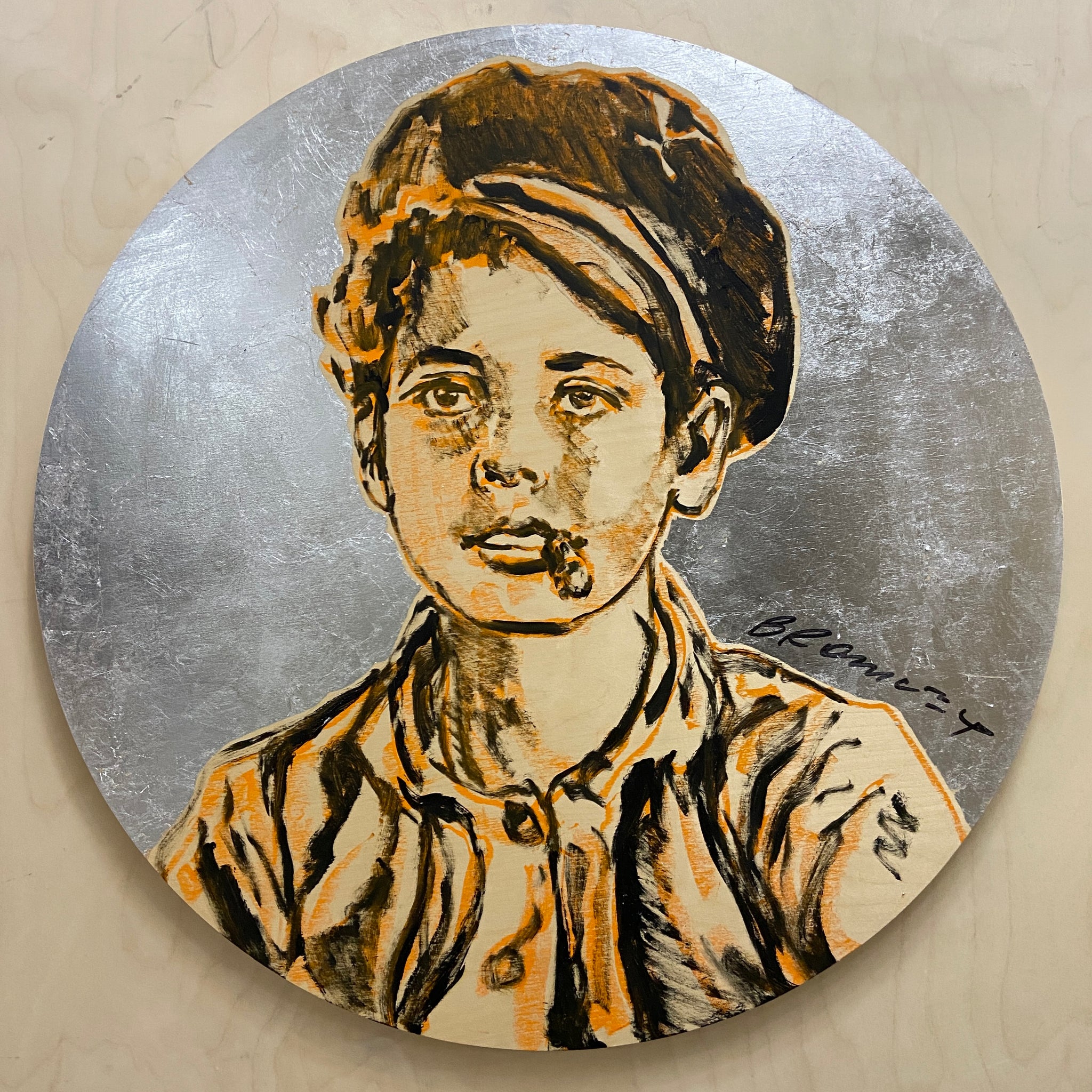 ‘Smoking Boy I’ David Bromley. Acrylic and silver metal leafing on board. 90cm Diameter