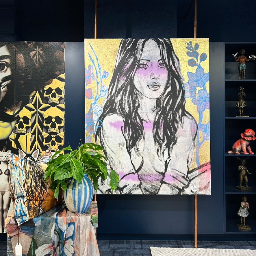 'Zippora Amongst Blooms I' David Bromley. Acrylic on canvas with gold leaf gilding. 150 x 120cm