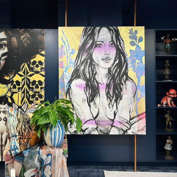 'Zippora Amongst Blooms I' David Bromley. Acrylic on canvas with gold leaf gilding. 150 x 120cm