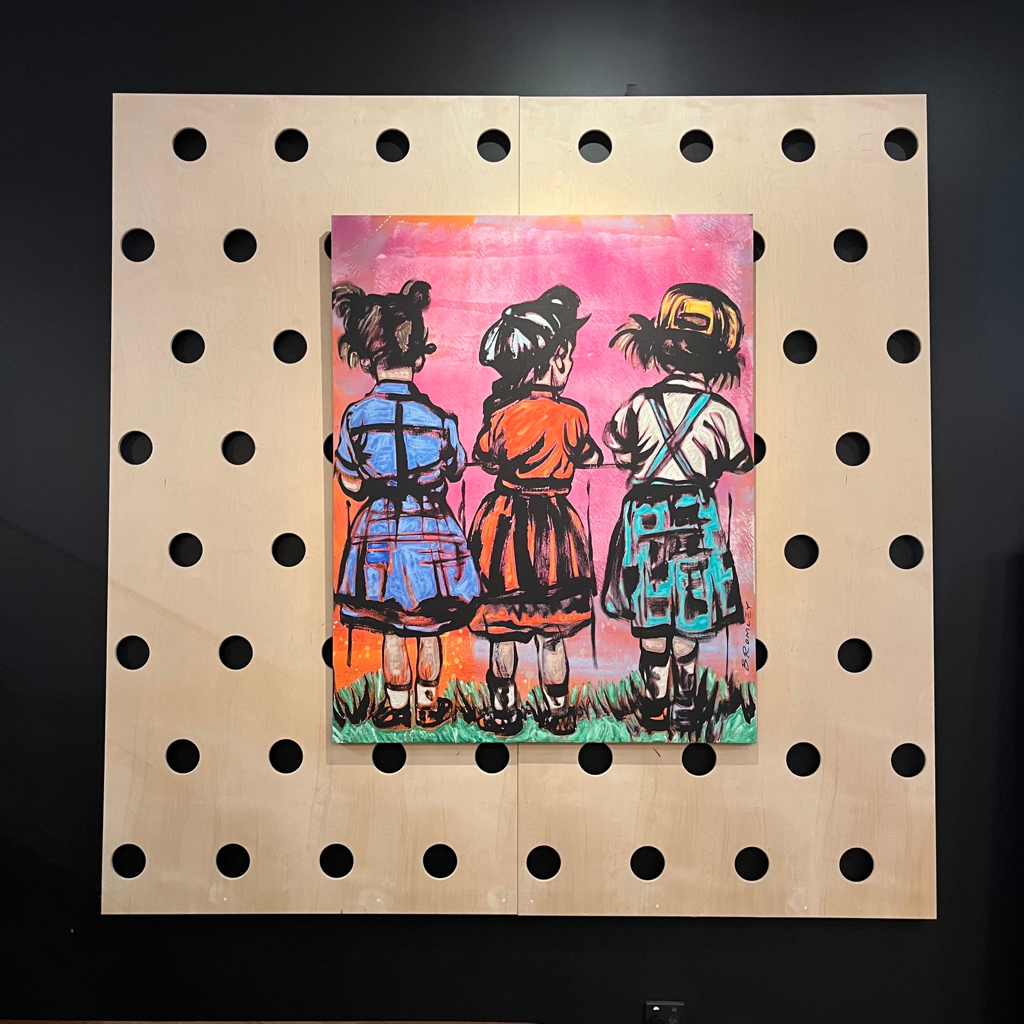 '3 Girls over the fence' David Bromley. Acrylic on canvas. 150cm x 120cm.