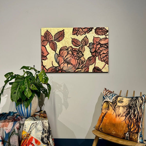ON HOLD 'Blooms on Gold I' David Bromley. Acrylic on canvas with gold leaf gilding. 60 x 90cm