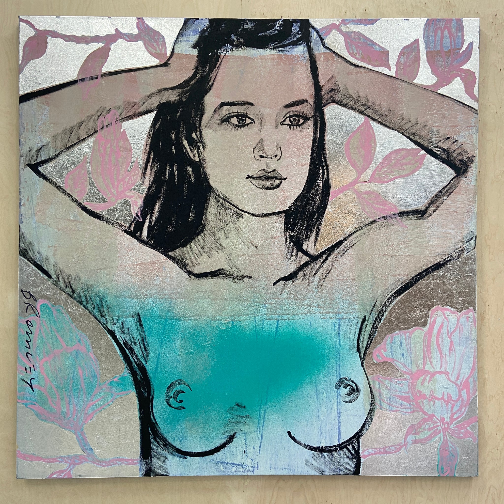'Kate' David Bromley. Acrylic on canvas with silver metal leaf gilding. 160 x 160cm