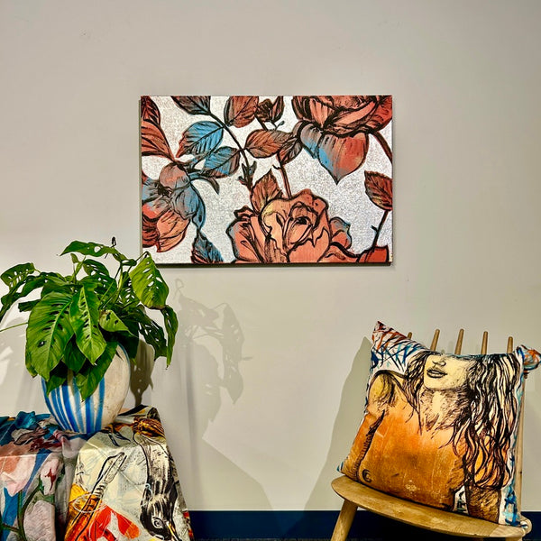 'Blooms on Silver I' David Bromley. Acrylic on canvas with silver metal leafing. 60 x 90cm