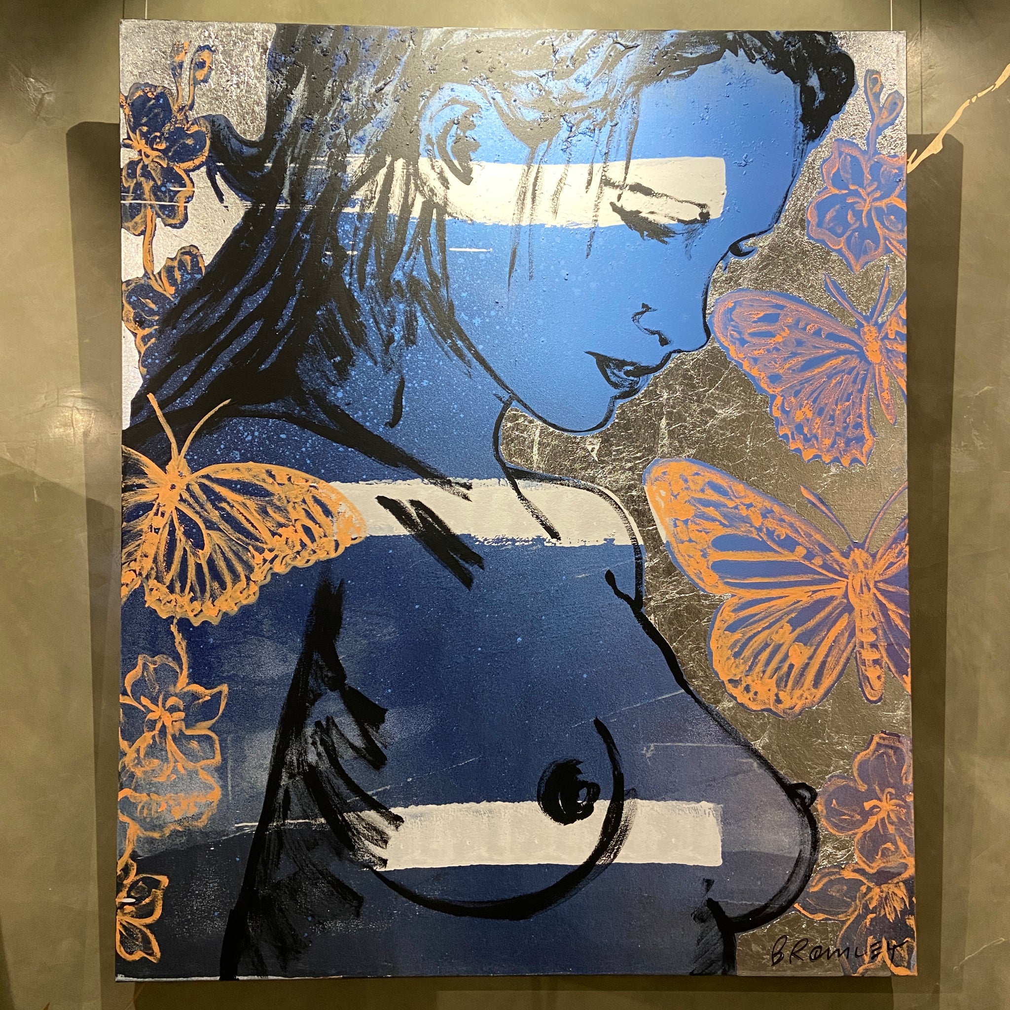 ‘Romy with Butterflies’ David Bromley. Acrylic on canvas with silver metal leaf gilding. 180 x 150cm