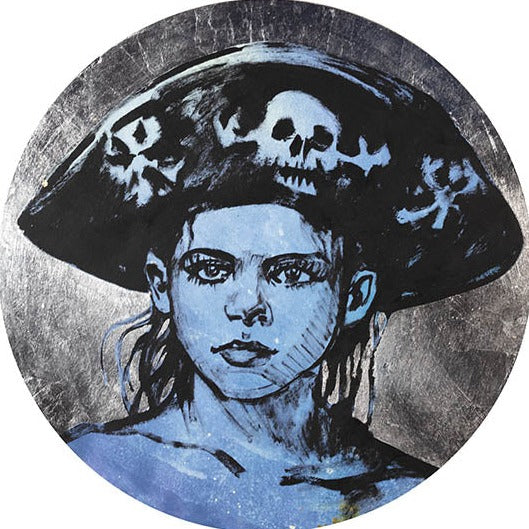 ‘Lost Boy VII’ Acrylic, oil and silver metal leaf on timber board. 90cm diameter