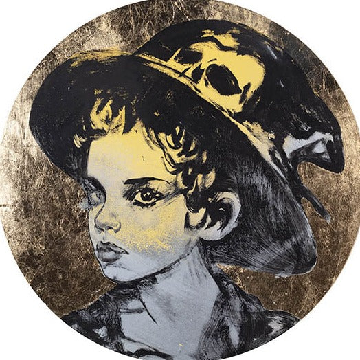‘Lost Boy IX’ Acrylic, oil and gold metal leaf on timber board. 90cm diameter