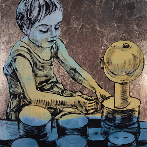 ‘Happy Addition’ Acrylic, oil and gold metal leaf on canvas. 150 x 150cm