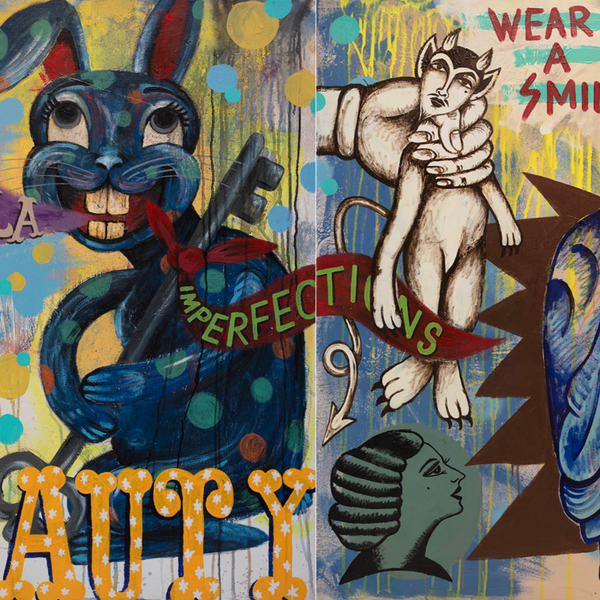‘Wear a smile’ Gorè. Acrylic on canvas. 120 x 180cm diptych (125 x 185cm frame size).