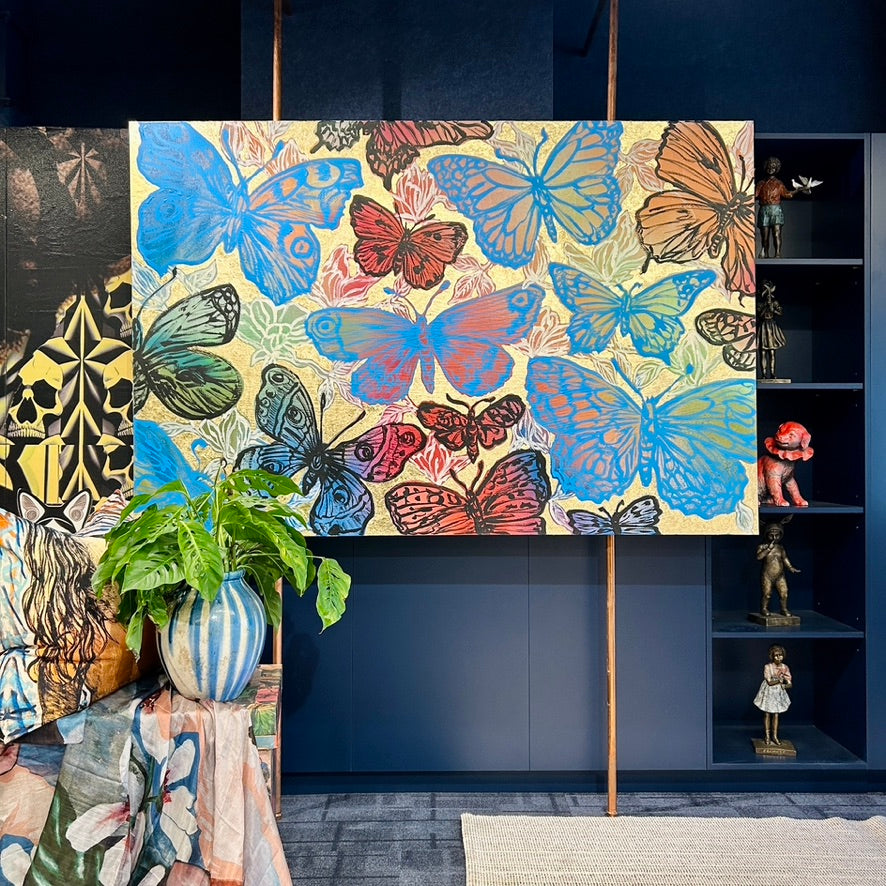 'Lively Butterflies' David Bromley. Acrylic on canvas with gold leaf gilding. 120 x 180cm