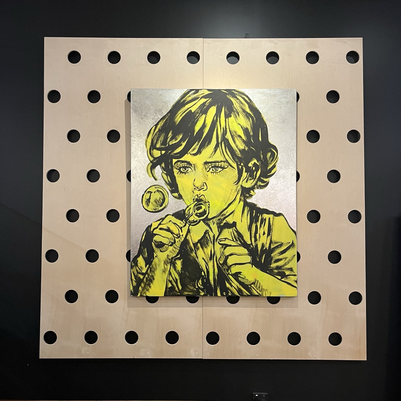 'Bubble Boy' David Bromley, Acrylic on canvas with silver leaf gilding, 150cm x 120cm