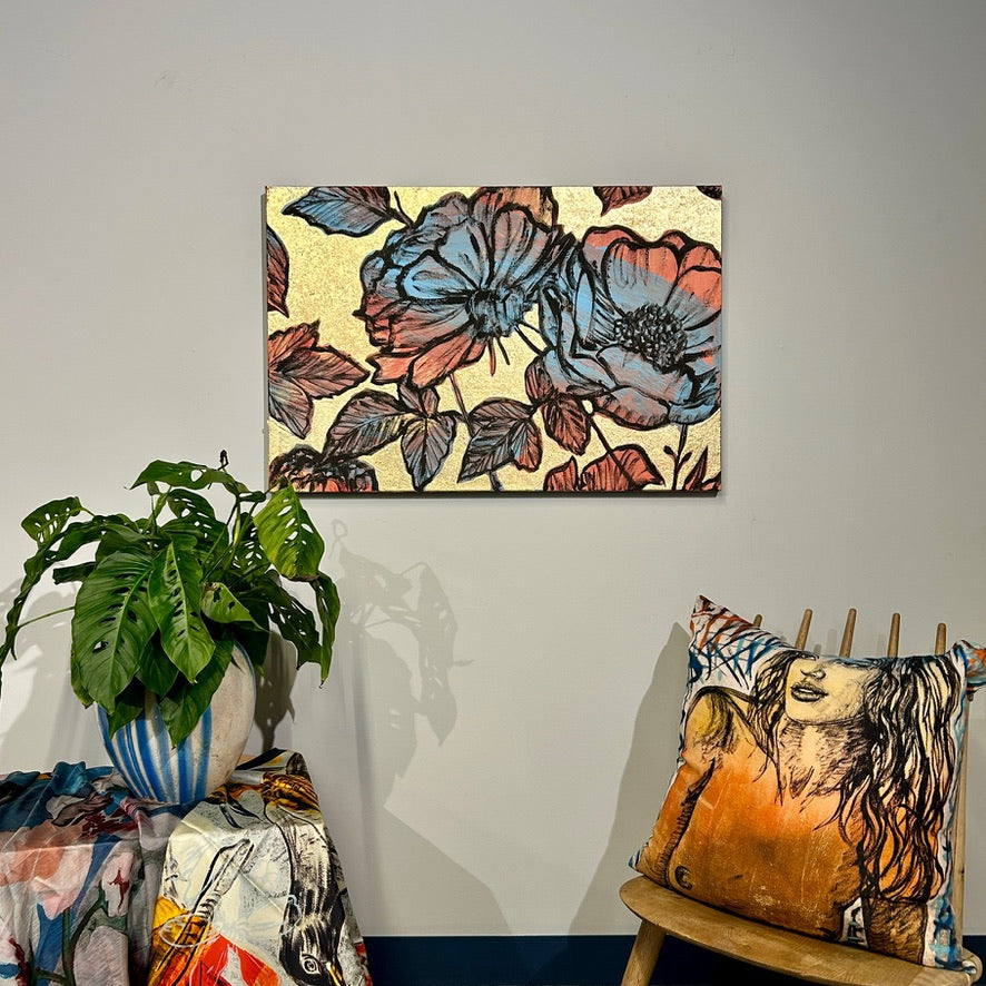'Blooms on Gold II' David Bromley. Acrylic on canvas with gold leaf gilding. 60 x 90cm
