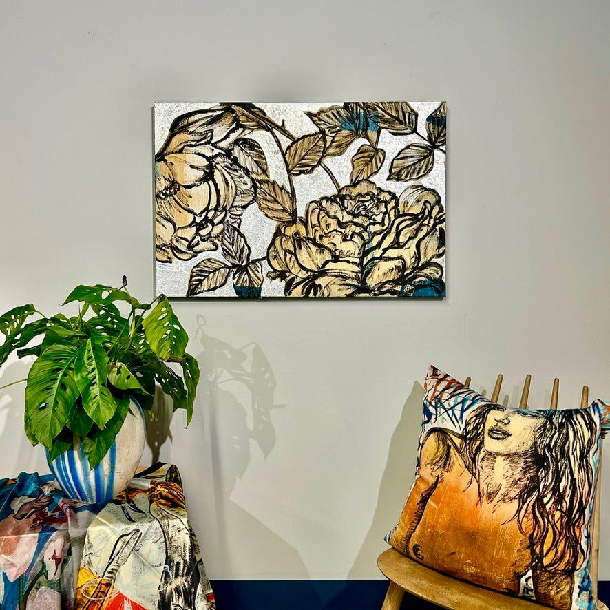 'Blooms on Silver II' David Bromley. Acrylic on canvas with silver metal leafing. 60 x 90cm